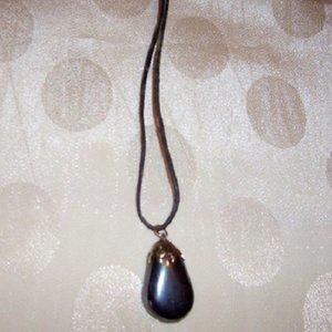 Dark Charcoal Teardrop Stone Leather Necklace 24" Handmade Vintage